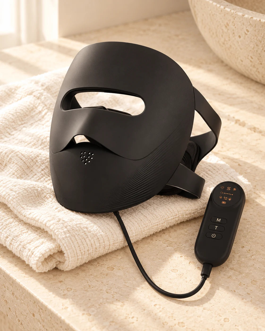Black beauty mask and wired controller styled on soft linen