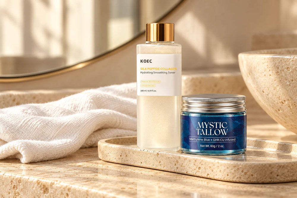 Skincare products on a neutral vanity